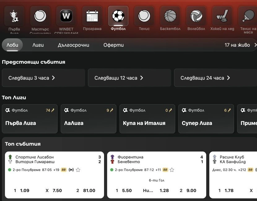 Спортен екран от официалната страница на WINBET: WINBET футболна секция с лиги, мачове и пазари.