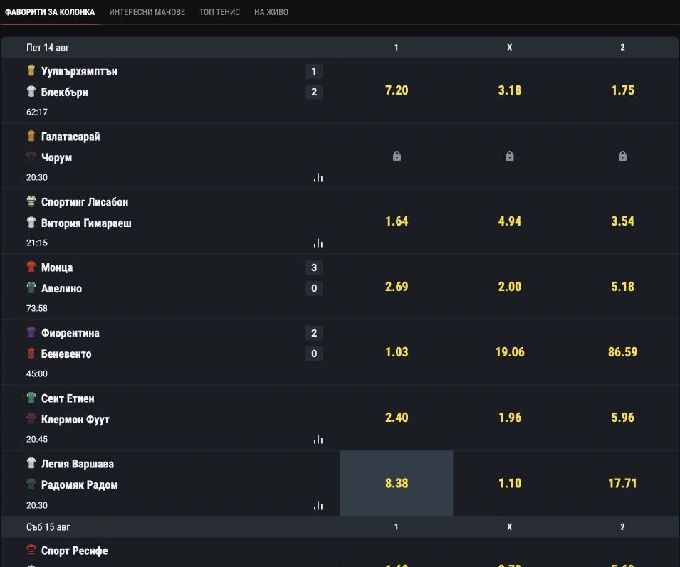 Спортен екран от официалната страница на bet.bg: Публичният prematch списък на BET.bg с мачове и пазари в спортната секция.