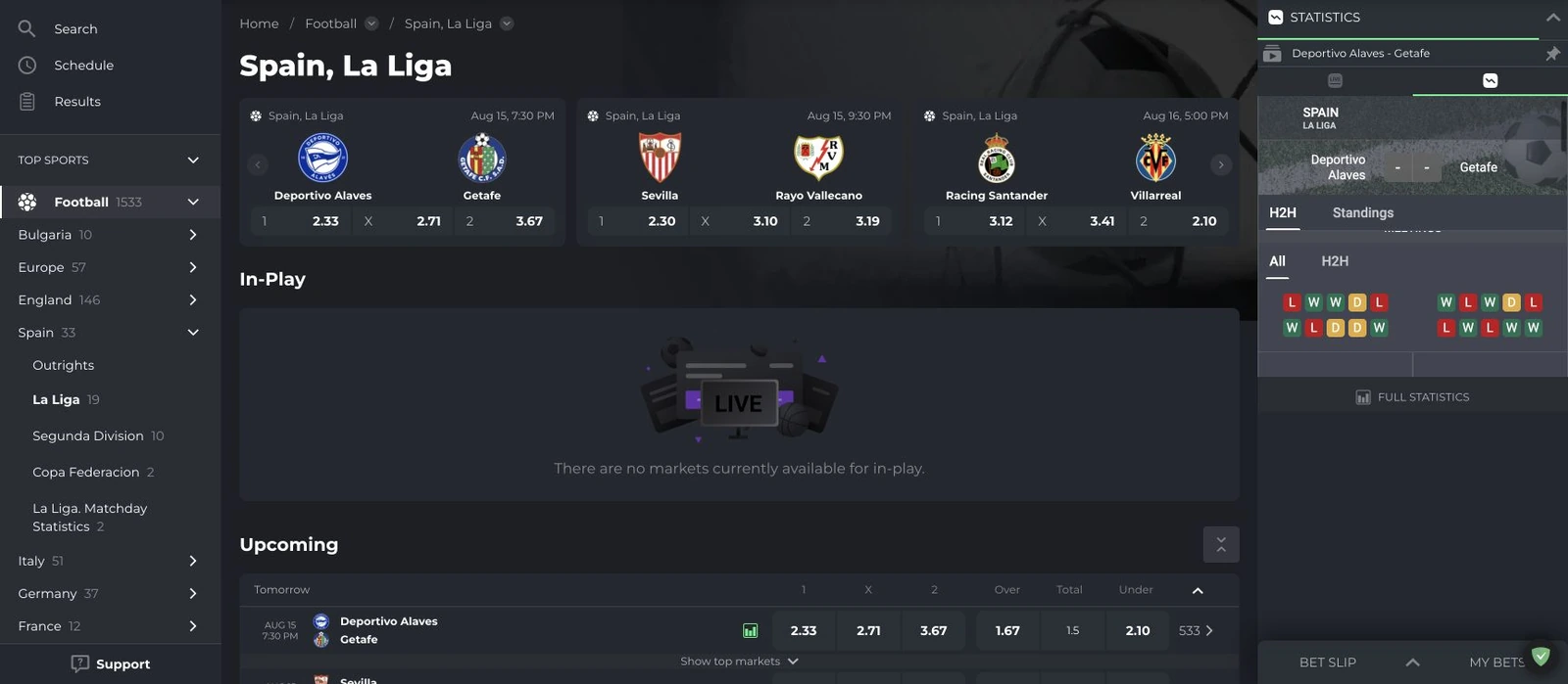 Спортен екран от официалната страница на TopWin: Испанската La Liga в TopWin с предстоящи срещи и коефициенти.