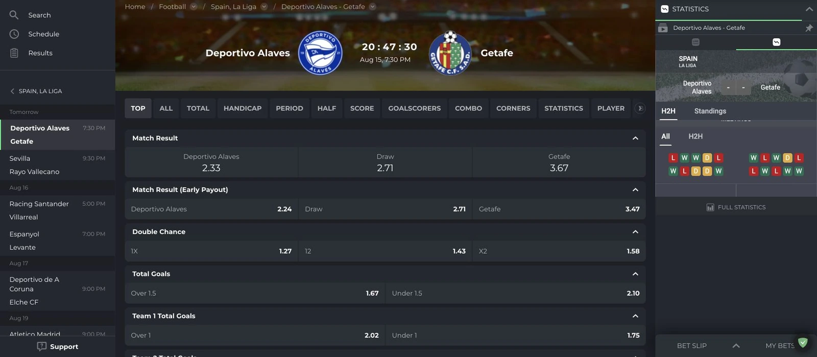 Спортен екран от официалната страница на TopWin: Детайлните пазари за мач от La Liga в TopWin.