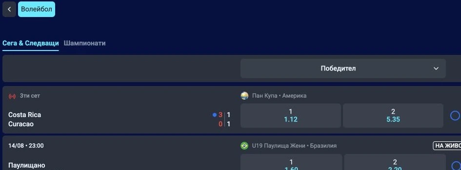 Спортен екран от официалната страница на Palms Bet: Palms Bet волейболна секция със спортни събития и коефициенти.