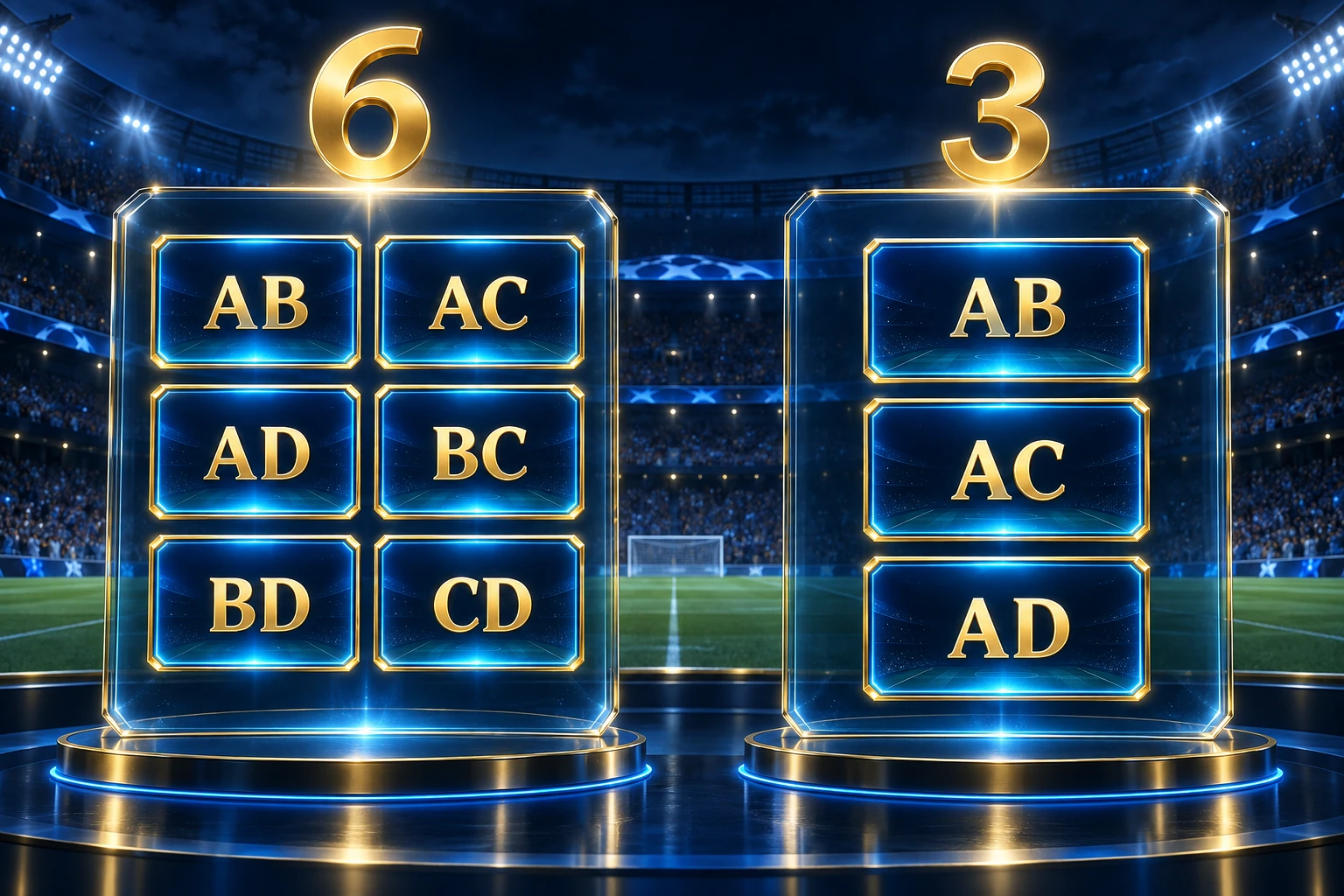 Шестте двойки AB, AC, AD, BC, BD, CD срещу избраните AB, AC и AD